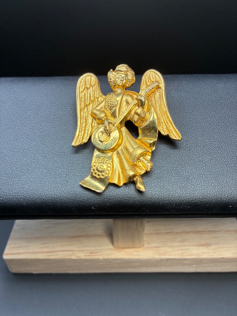 Vintage Angel Musician Brooch Gold Tone USA Christmas Angel Pin